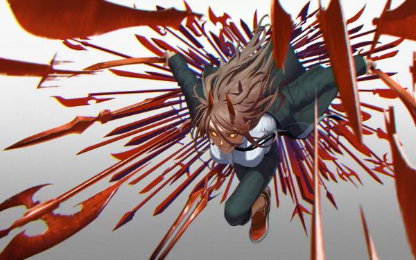 Power from Chainsaw Man in dynamic action pose with blood splatter behind, rendered in stunning 4K Ultra HD anime style as a PC desktop wallpaper.