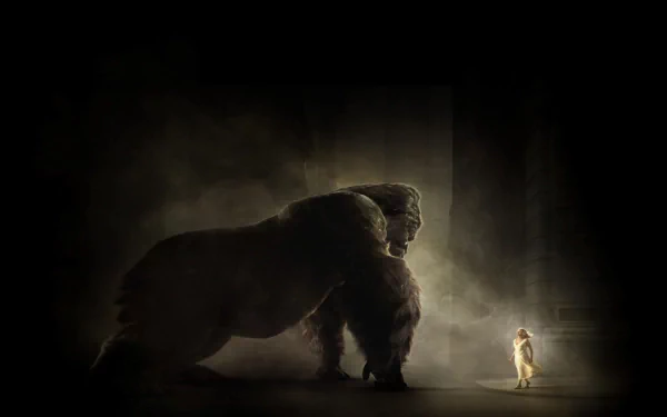 A dramatic scene from King Kong (2005) featuring the giant ape facing a tiny figure in an atmospheric setting, creating a striking HD desktop wallpaper.