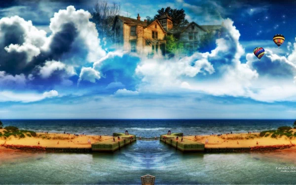 HD desktop wallpaper featuring a dreamy world where a house floats among clouds above a serene beach scene with hot air balloons drifting in the sky.