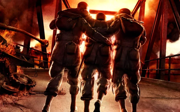 HD PC desktop wallpaper from the video game Brothers in Arms: three soldiers with arms linked stride across a burning bridge amid smoke and fire.