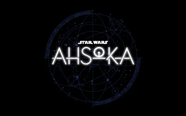 4K Ultra HD PC desktop wallpaper featuring the glowing Star Wars Ahsoka (2023) logo with a faint, intricate space-themed background design.