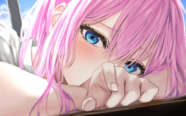 HD anime desktop wallpaper featuring Micchon Shikimori from Shikimori's Not Just a Cutie with striking blue eyes and pink hair in a close-up pose.
