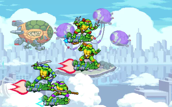 HD desktop wallpaper featuring the Teenage Mutant Ninja Turtles in action from the Shredder's Revenge game set against a city skyline backdrop.
