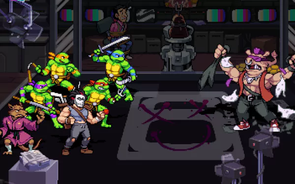 HD wallpaper of Teenage Mutant Ninja Turtles: Shredder's Revenge video game featuring the ninja turtles in combat against enemies in a detailed pixel art style.