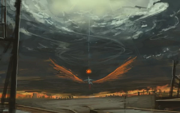 HD anime wallpaper featuring Fujiwara no Mokou from Touhou, depicted with fiery wings against a dramatic, stormy sky over an expansive landscape.