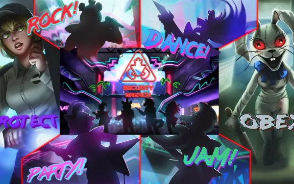 HD PC desktop wallpaper for Five Nights at Freddy's: Security Breach — neon arcade stage with silhouetted animatronics and character panels bearing words ROCK, DANCE, PROTECT, PARTY, JAM, OBEY