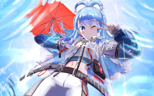 HD anime wallpaper featuring Kobo Kanaeru, the Virtual YouTuber from hololive, smiling with a bright sky and red umbrella backdrop.