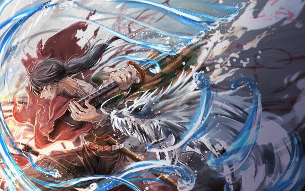 Giyuu Tomioka from Demon Slayer: Kimetsu no Yaiba depicted in dynamic action, with water and wolf motifs, rendered in vibrant 4K Ultra HD anime style for PC desktop wallpaper.