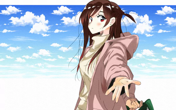 Chizuru Ichinose from Rent-A-Girlfriend reaching out in a pink coat and scarf against a bright blue sky with clouds — HD anime PC desktop wallpaper.