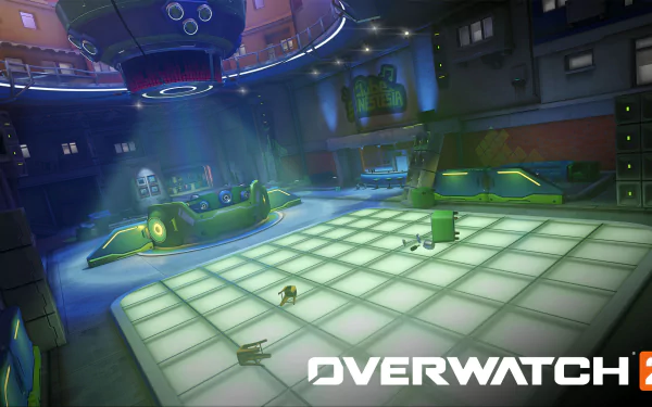 HD Overwatch 2 game scene wallpaper featuring futuristic map design with logo.