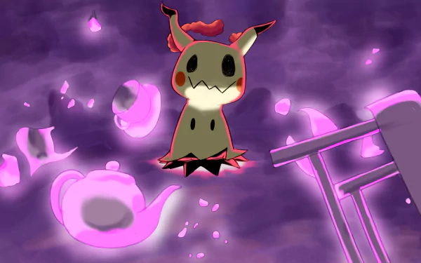 HD PC desktop wallpaper featuring Mimikyu from the Pokémon video game series, surrounded by glowing purple spirits in a mystical, dark atmosphere.