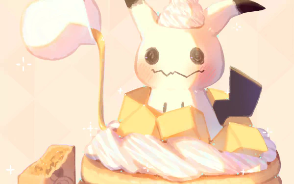 HD PC desktop wallpaper featuring Mimikyu from Pokémon, styled with soft pastel colors and dessert-themed elements, blending video game charm with a cozy aesthetic.