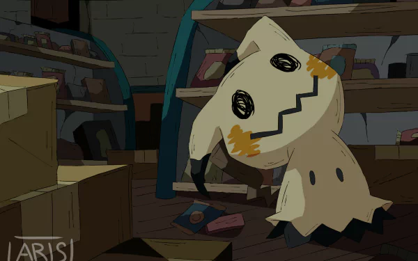 HD PC desktop wallpaper featuring Mimikyu, a Pokémon character, in a dimly lit room surrounded by scattered objects, showcasing detailed video game art.