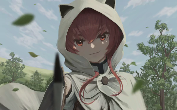 Eris Boreas Greyrat from Mushoku Tensei: Jobless Reincarnation — anime 5K Ultra HD PC wallpaper: Eris in a cat-eared hood, sword raised, with a forest backdrop and falling leaves.