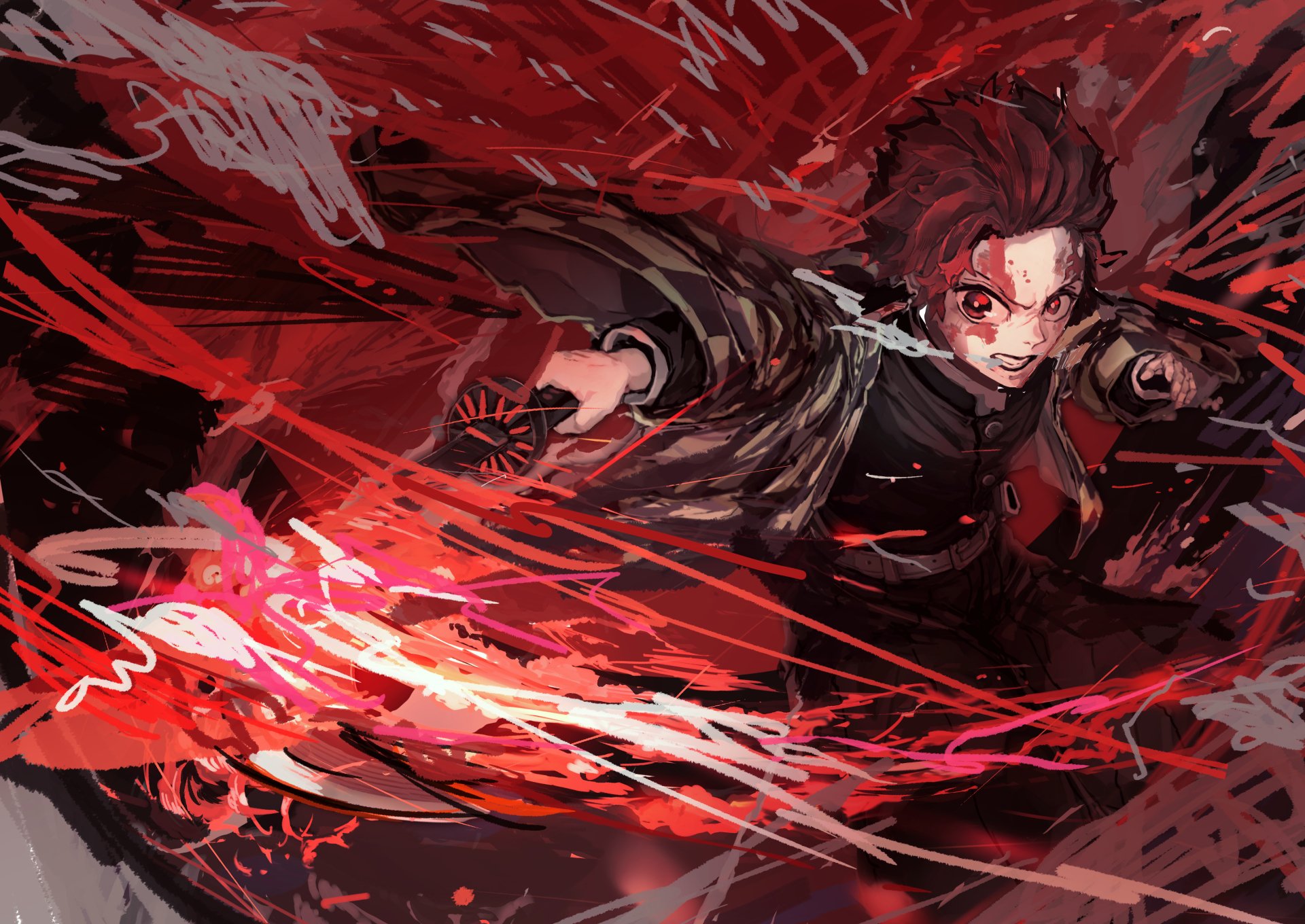 HD PC desktop wallpaper featuring Tanjiro Kamado from the anime Demon Slayer: Kimetsu no Yaiba in dynamic action pose with vivid red and black energy effects.