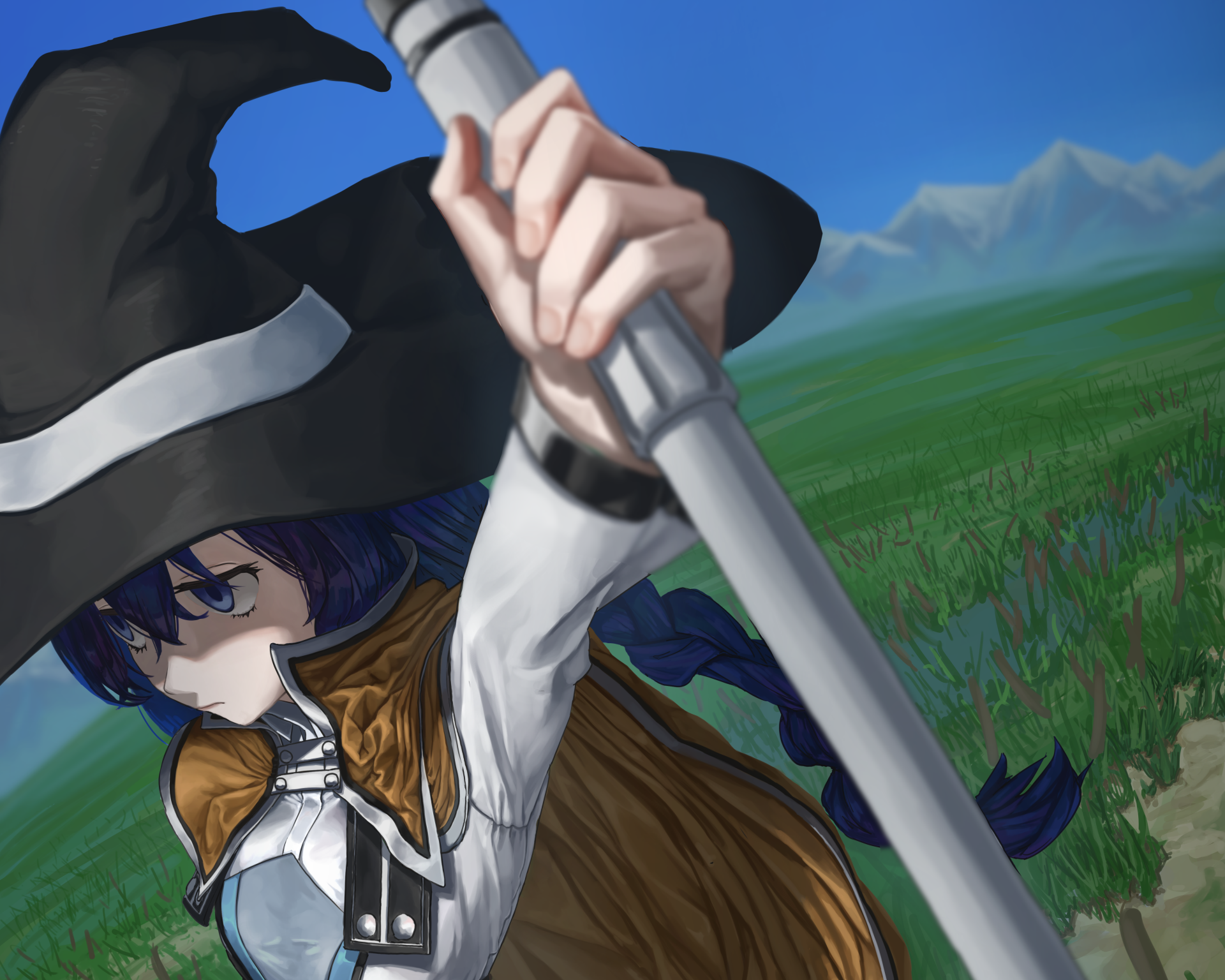 Roxy Migurdia from Mushoku Tensei: Jobless Reincarnation — anime portrait of a blue‑haired mage in a wide‑brimmed hat and cloak, gripping a staff against a grassy, mountainous 4K Ultra HD PC wallpaper.
