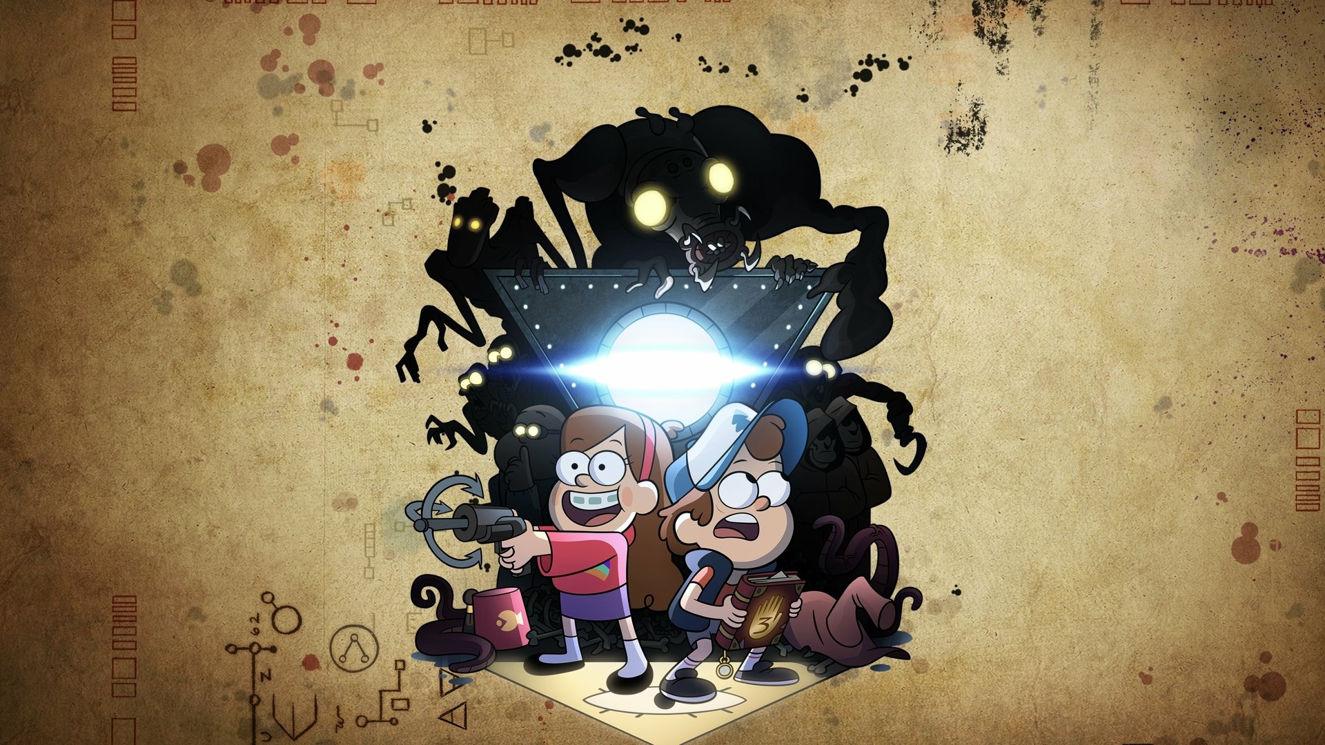 4K Ultra HD Gravity Falls wallpaper featuring TV show characters Dipper Pines and Mabel Pines with a shadowy monster in the background on a textured beige backdrop.