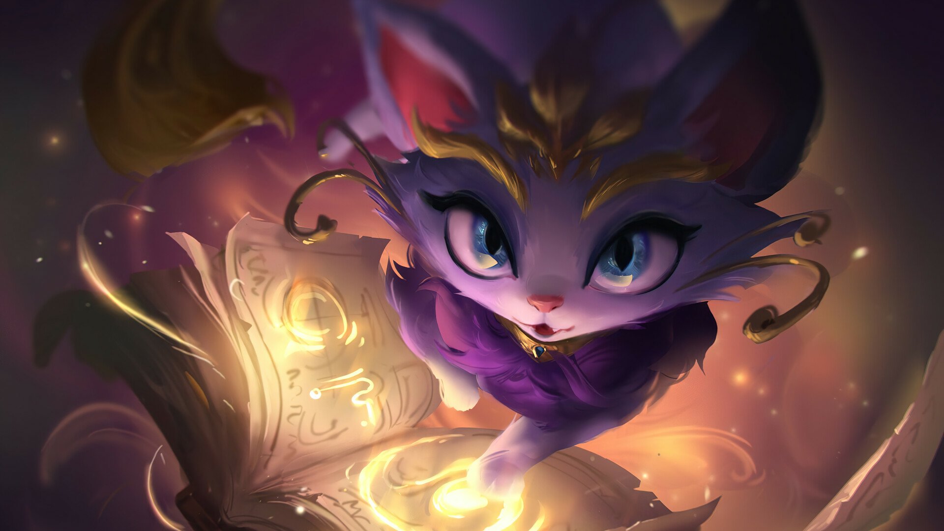 HD PC desktop wallpaper featuring Yuumi, the magical cat from the video game League of Legends, with glowing runes and an enchanting background.