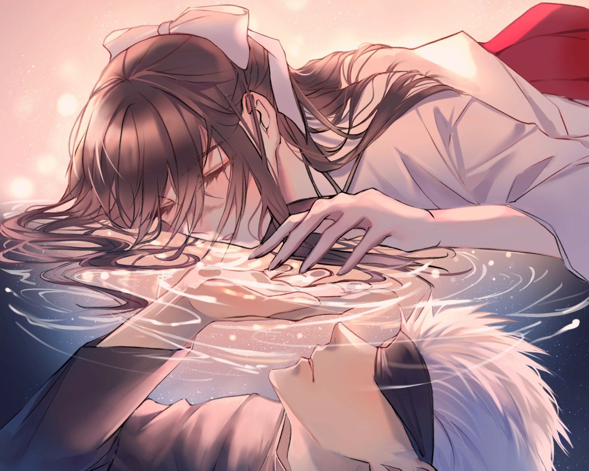 HD anime desktop wallpaper featuring Utahime Iori and Satoru Gojo from Jujutsu Kaisen, with a reflective water effect highlighting their serene expressions.