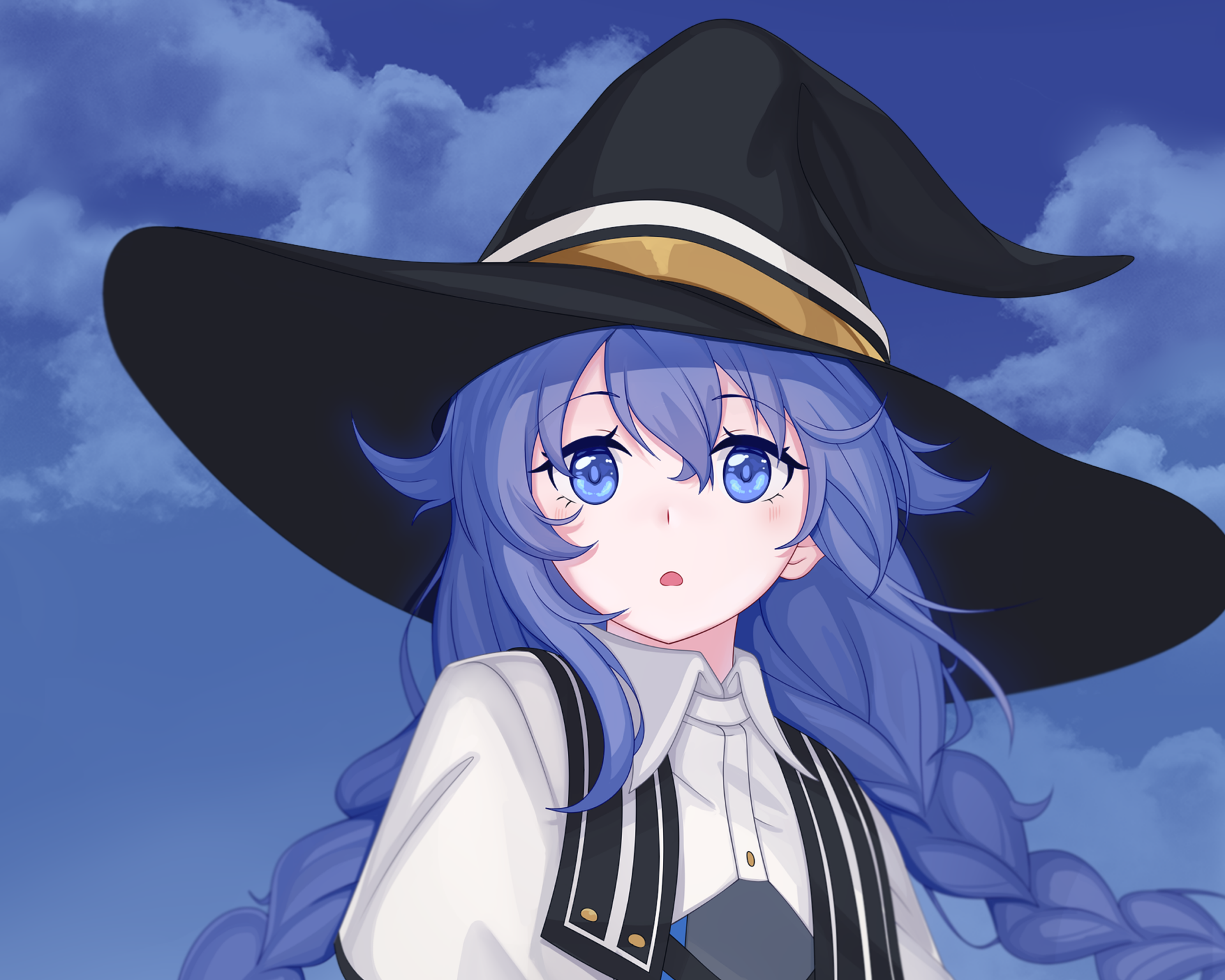Roxy Migurdia from Mushoku Tensei: Jobless Reincarnation — blue‑haired witch in a wide-brim hat against a cloudy blue sky, HD anime desktop wallpaper.