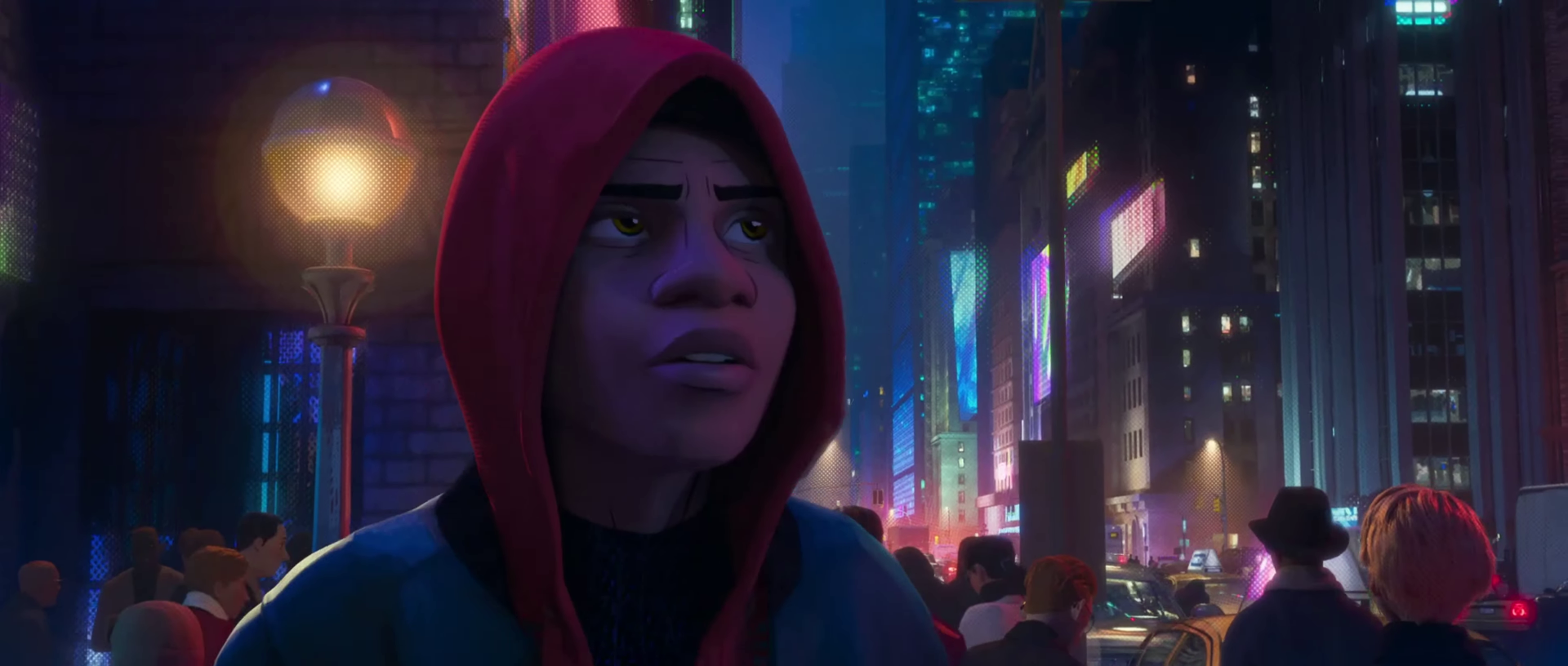 Miles Morales in a red hoodie gazes across a neon-lit city at night — Spider-Man: Into The Spider-Verse 2K Quad HD PC desktop wallpaper/background.