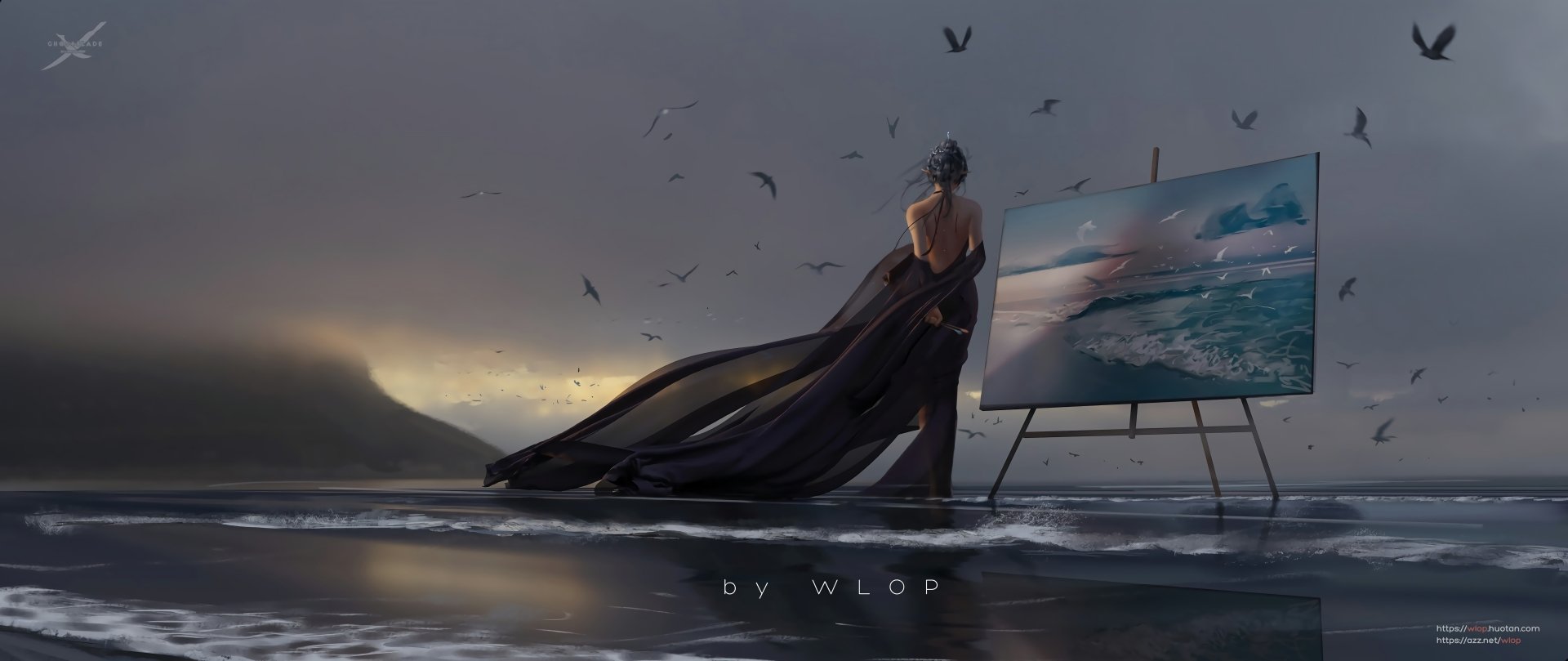 Comic GhostBlade 5K Ultra HD PC desktop wallpaper: a cloaked figure stands on a wet shore at dusk beside an easel with a seascape painting, seabirds circling overhead.