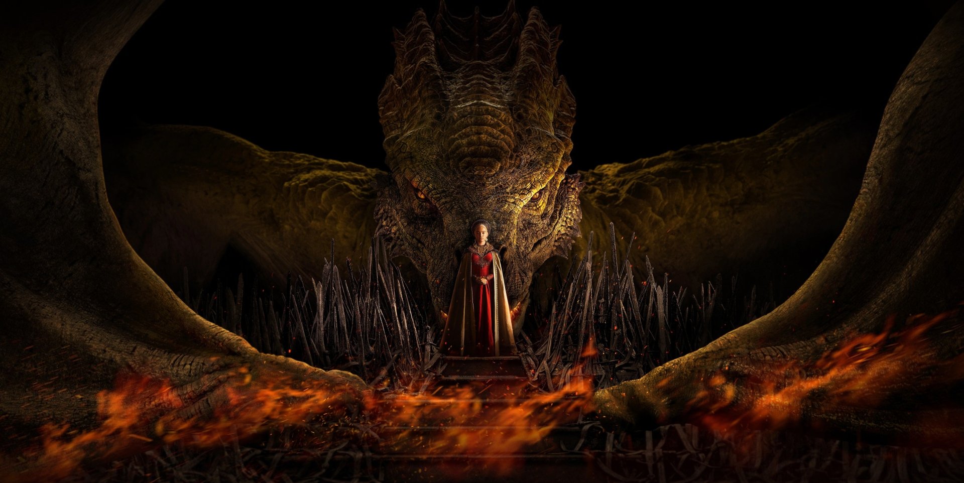 HD desktop wallpaper featuring Milly Alcock as a character in the TV show House of the Dragon, standing before a large, menacing dragon amid fiery surroundings.