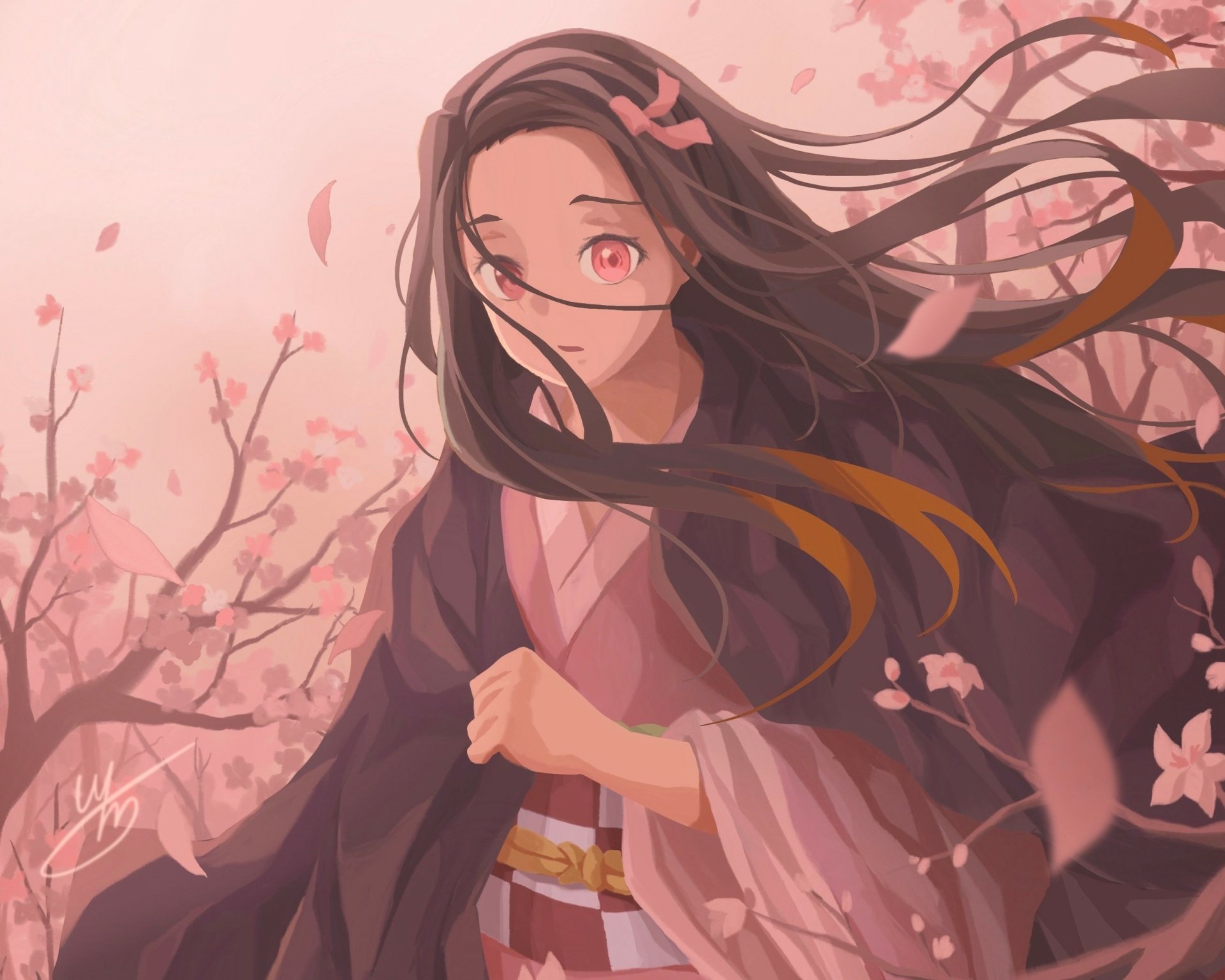 HD PC desktop wallpaper featuring Nezuko Kamado from Demon Slayer: Kimetsu no Yaiba, surrounded by pink cherry blossoms and soft wind.
