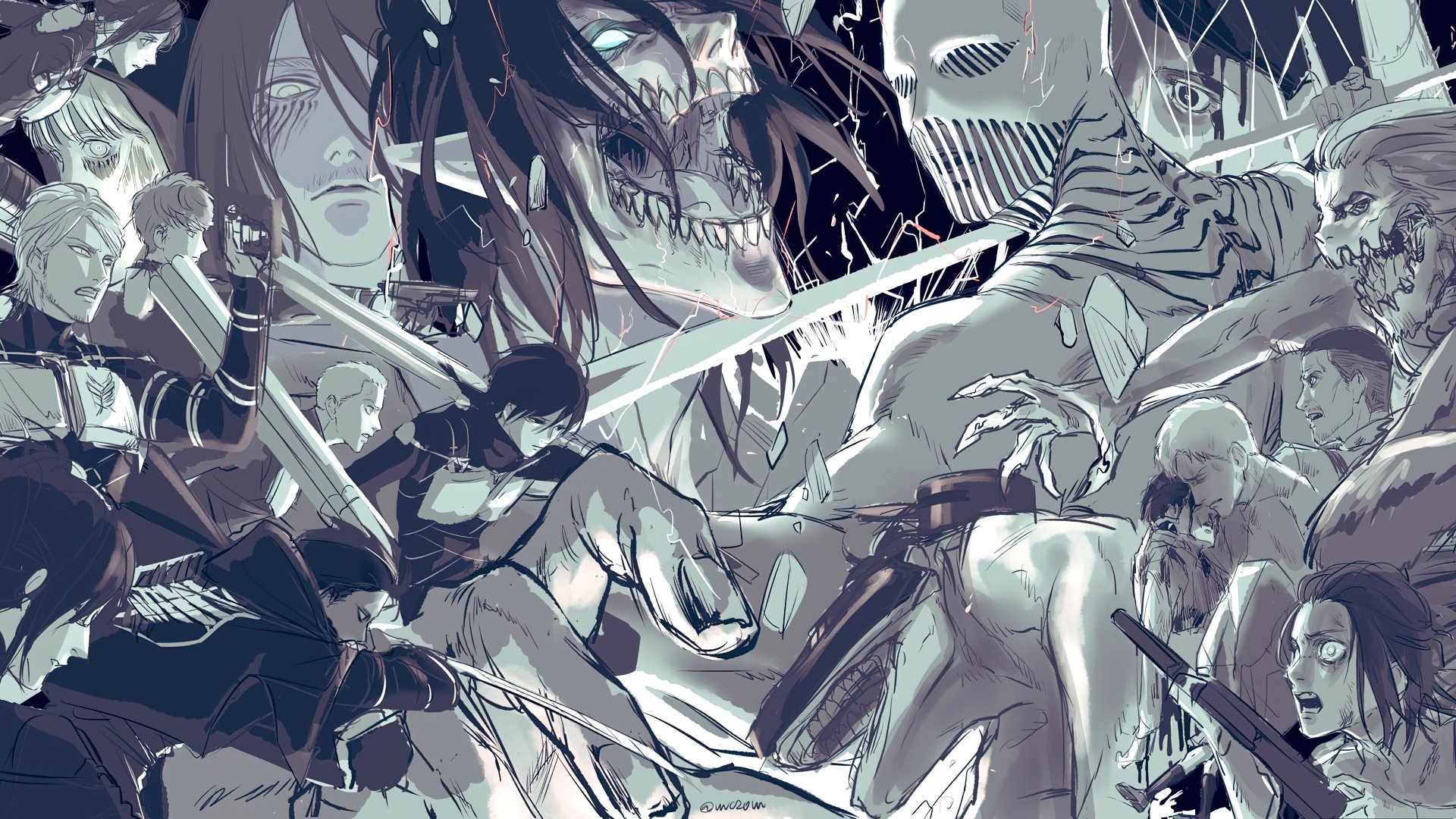 4K Ultra HD Attack on Titan anime wallpaper featuring intense battle scenes with Titans and soldiers wielding swords in a dynamic, action-packed composition.