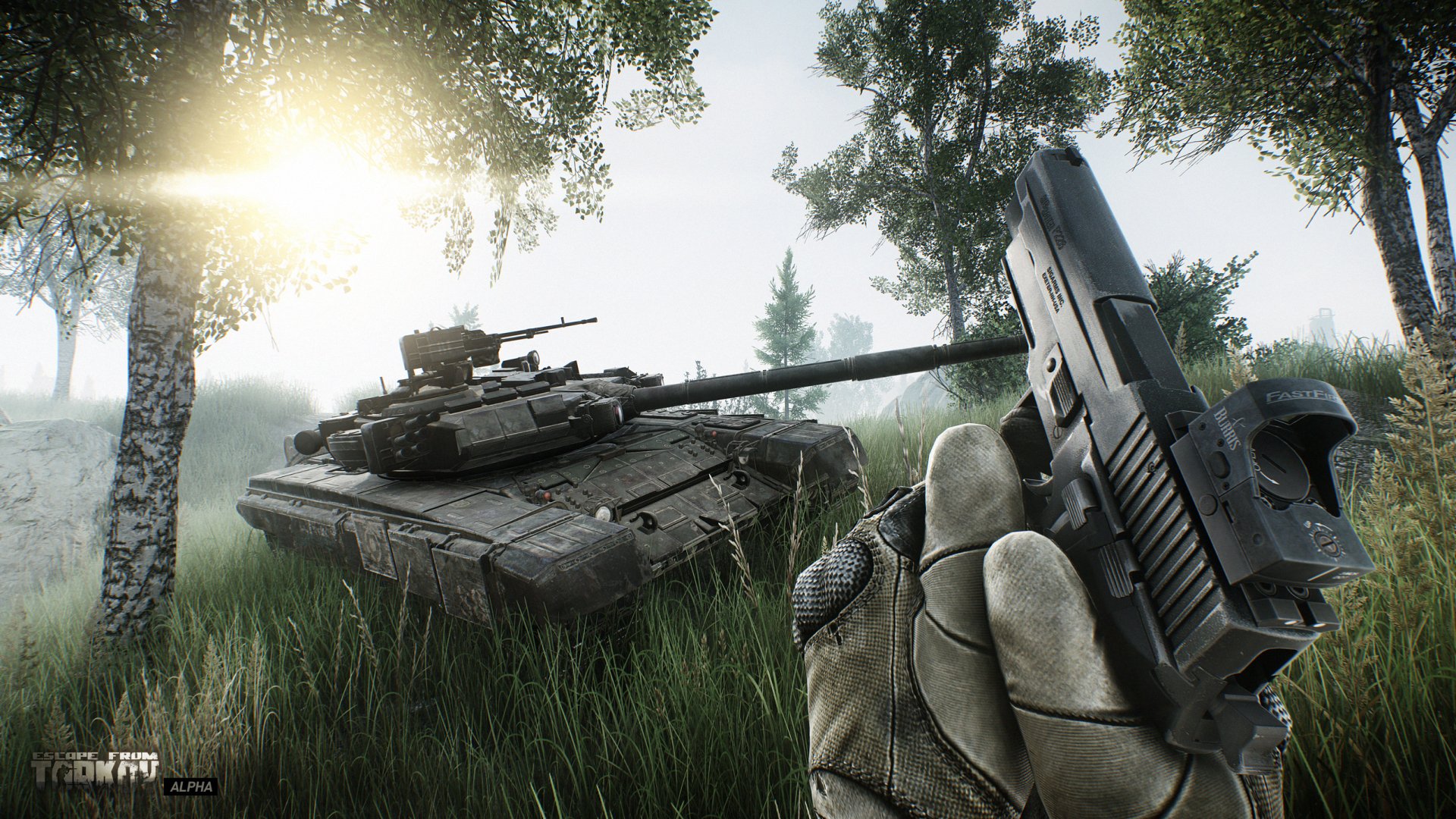 HD desktop wallpaper featuring a first-person view of a hand holding a gun with a tank in the background in the game Escape From Tarkov.