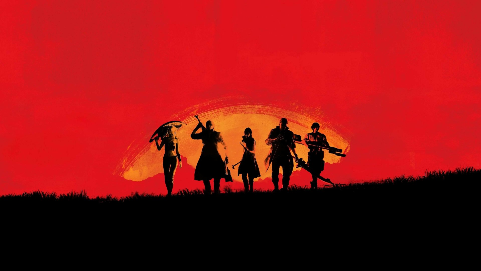 4K Ultra HD PC desktop wallpaper featuring silhouetted characters from the video game Devil May Cry 5 against a vivid red and orange sunset background.