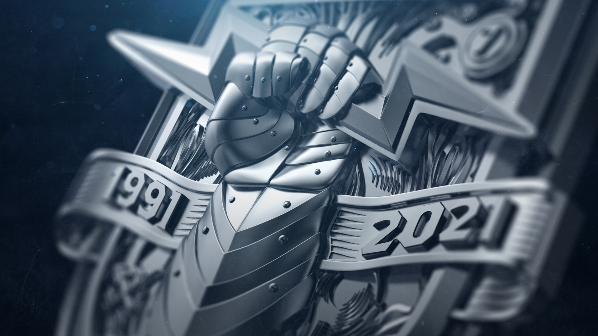 HD Destiny 2 themed desktop wallpaper featuring an armored fist with 1991 and 2021 banners.
