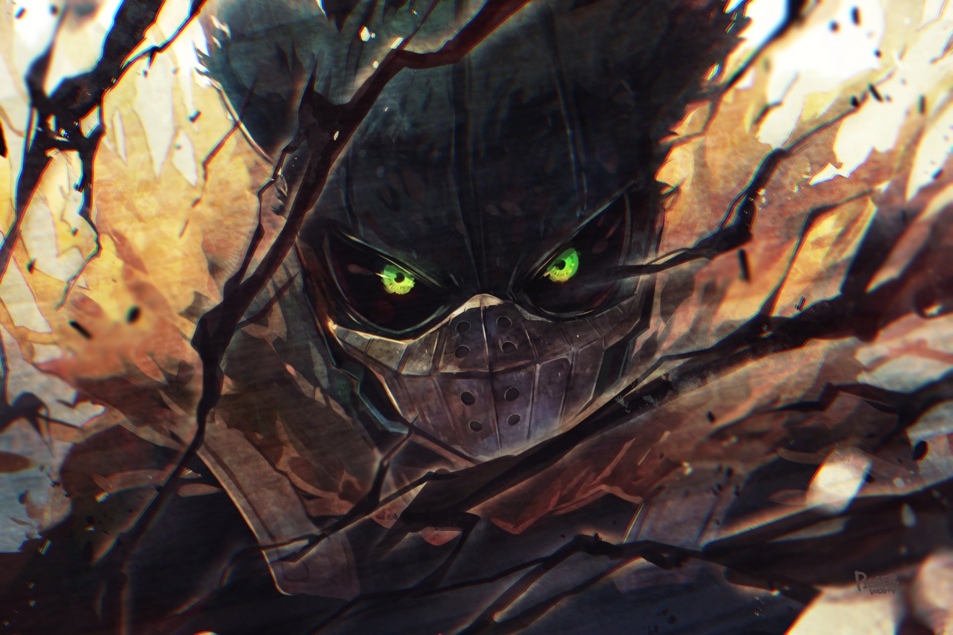 HD PC desktop wallpaper featuring Izuku Midoriya from My Hero Academia with intense green eyes and a dark, gritty atmosphere.