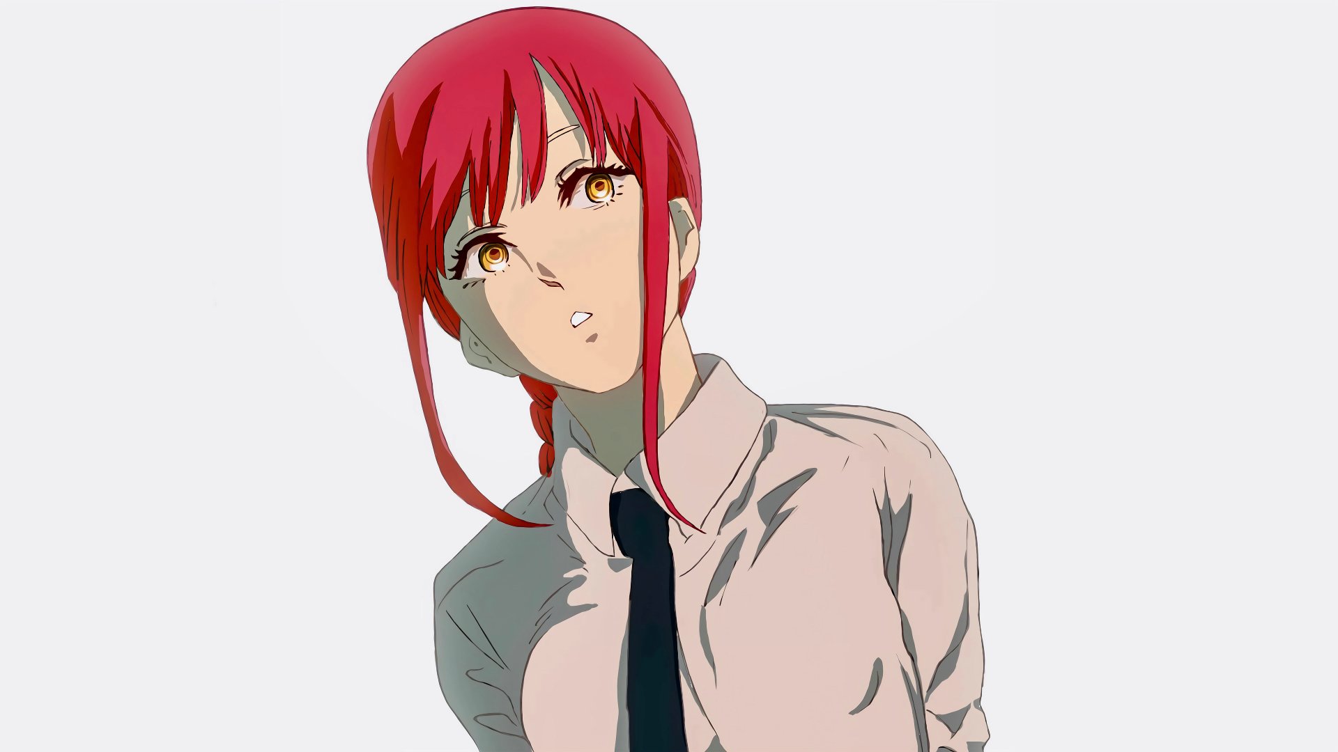 4K Ultra HD anime wallpaper of Makima from Chainsaw Man, featuring her with red hair, yellow eyes, and wearing a white shirt with a black tie.