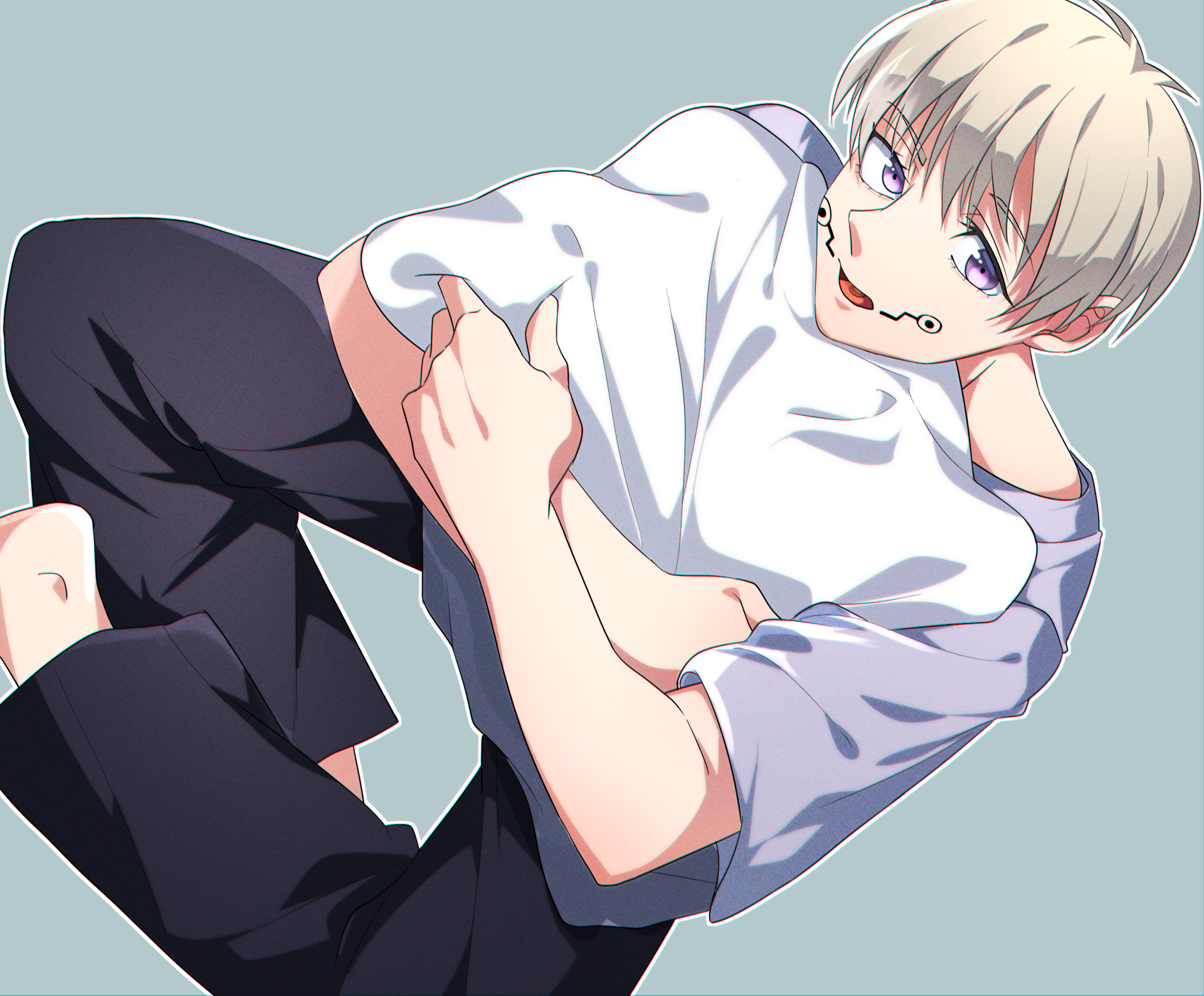 HD PC desktop wallpaper featuring Toge Inumaki from the anime Jujutsu Kaisen in a relaxed pose with a light blue background.