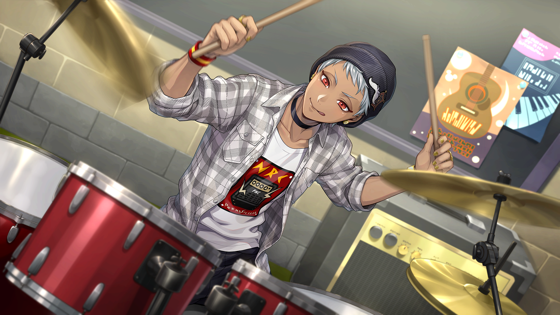 Kalim Al-Asim from the video game Twisted Wonderland plays drums passionately in this HD PC desktop wallpaper and background.