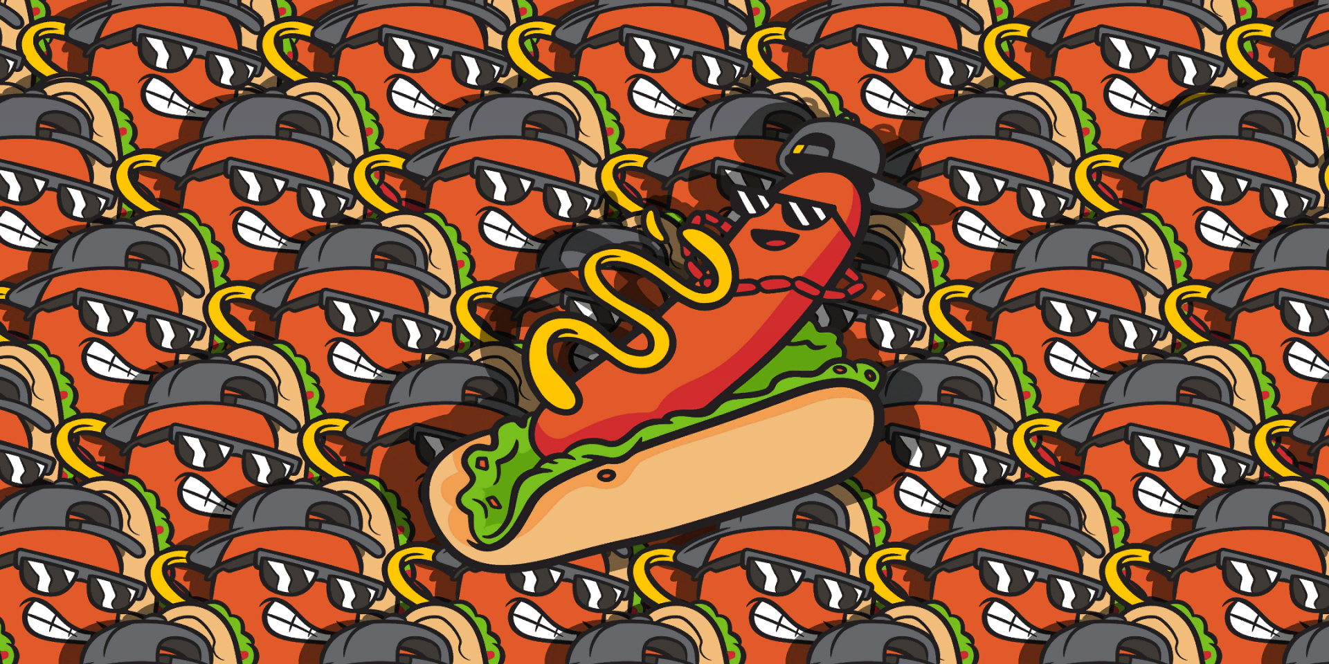 Fortnite Loading Screen-style video game HD PC desktop wallpaper/background: repeating grinning orange faces in caps, sunglasses and headphones, with a central cartoon hot dog topped with mustard and lettuce.