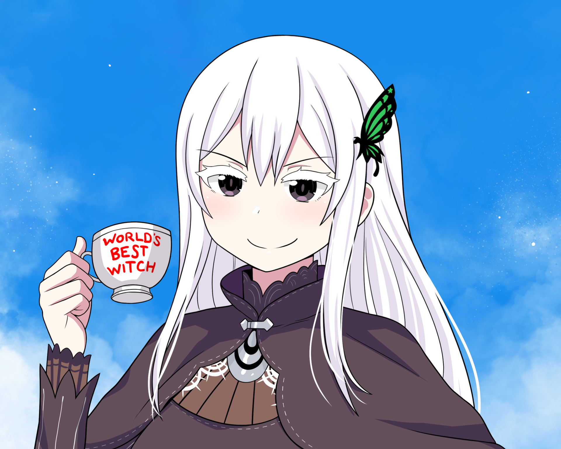 Echidna from Re:Zero anime, long white hair with a green butterfly clip, sipping a World's Best Witch teacup against a blue sky — HD PC desktop wallpaper/background.