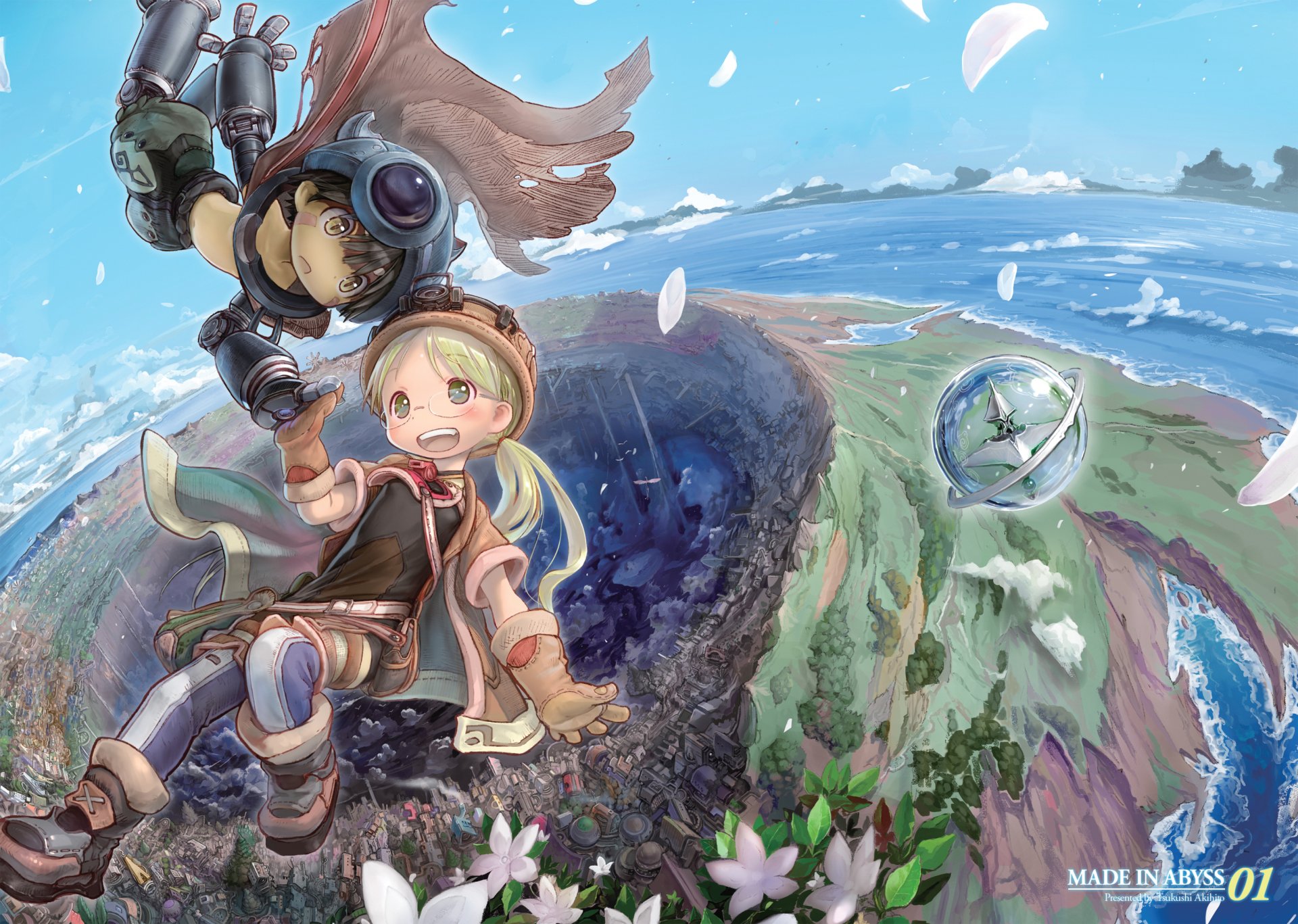 2K Quad HD PC desktop wallpaper of Reg and Riko from Made in Abyss — anime scene of them at an abyss rim overlooking the sea and sky.