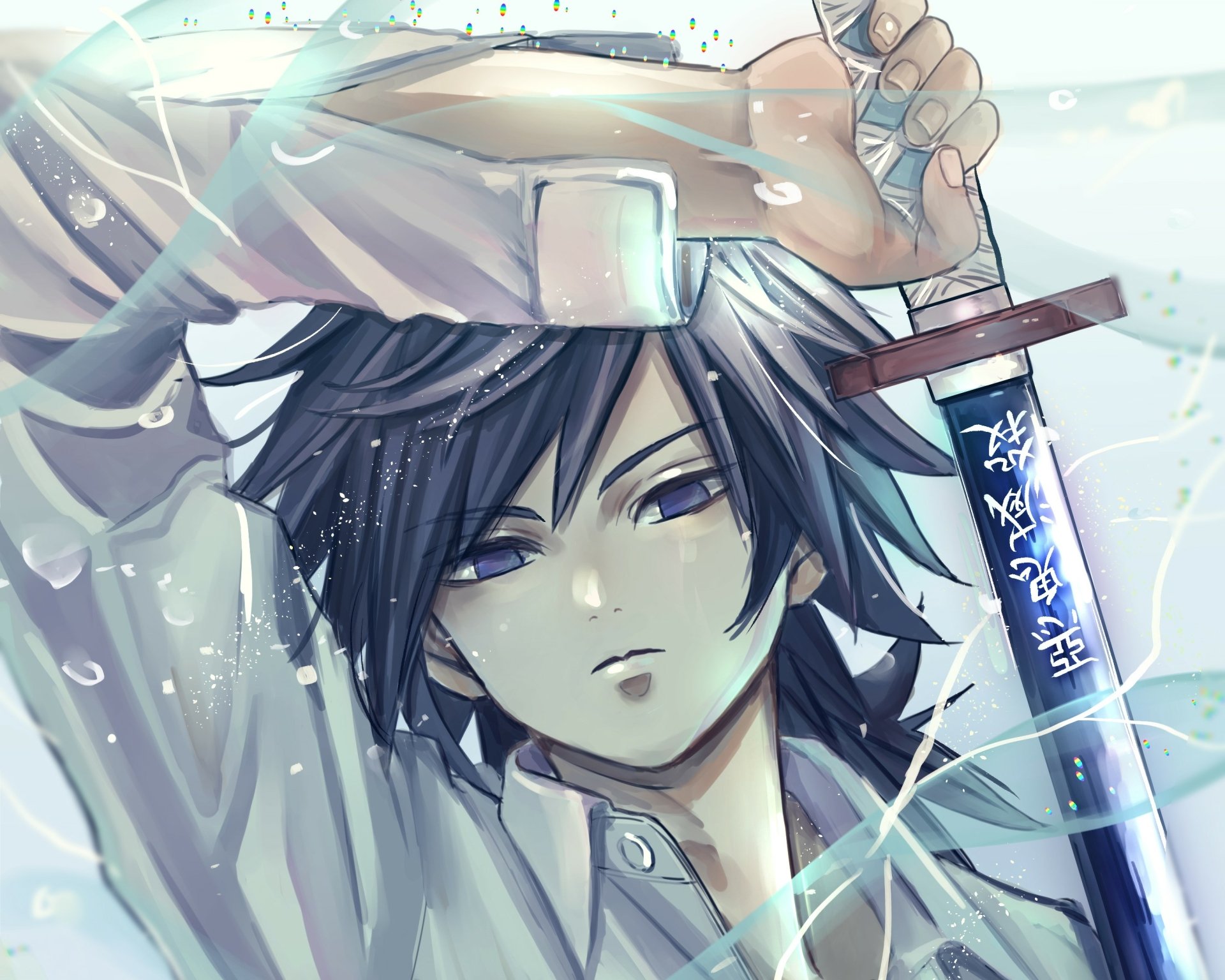 HD anime desktop wallpaper featuring Giyuu Tomioka from Demon Slayer: Kimetsu no Yaiba, showcasing his determined expression and katana with glowing blue markings.