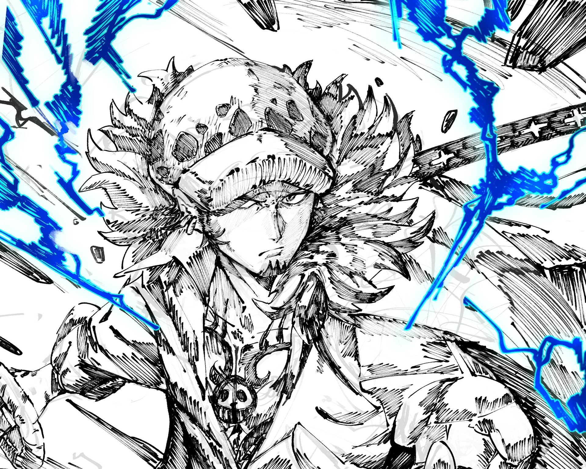 HD anime desktop wallpaper featuring Trafalgar Law from One Piece, depicted in detailed black-and-white sketch with striking blue lightning accents.