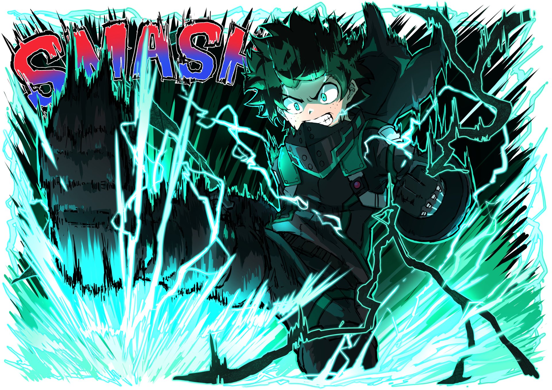 HD PC desktop wallpaper featuring Izuku Midoriya from My Hero Academia unleashing a powerful electrified punch with dynamic energy effects and the word SMASH in bold letters.