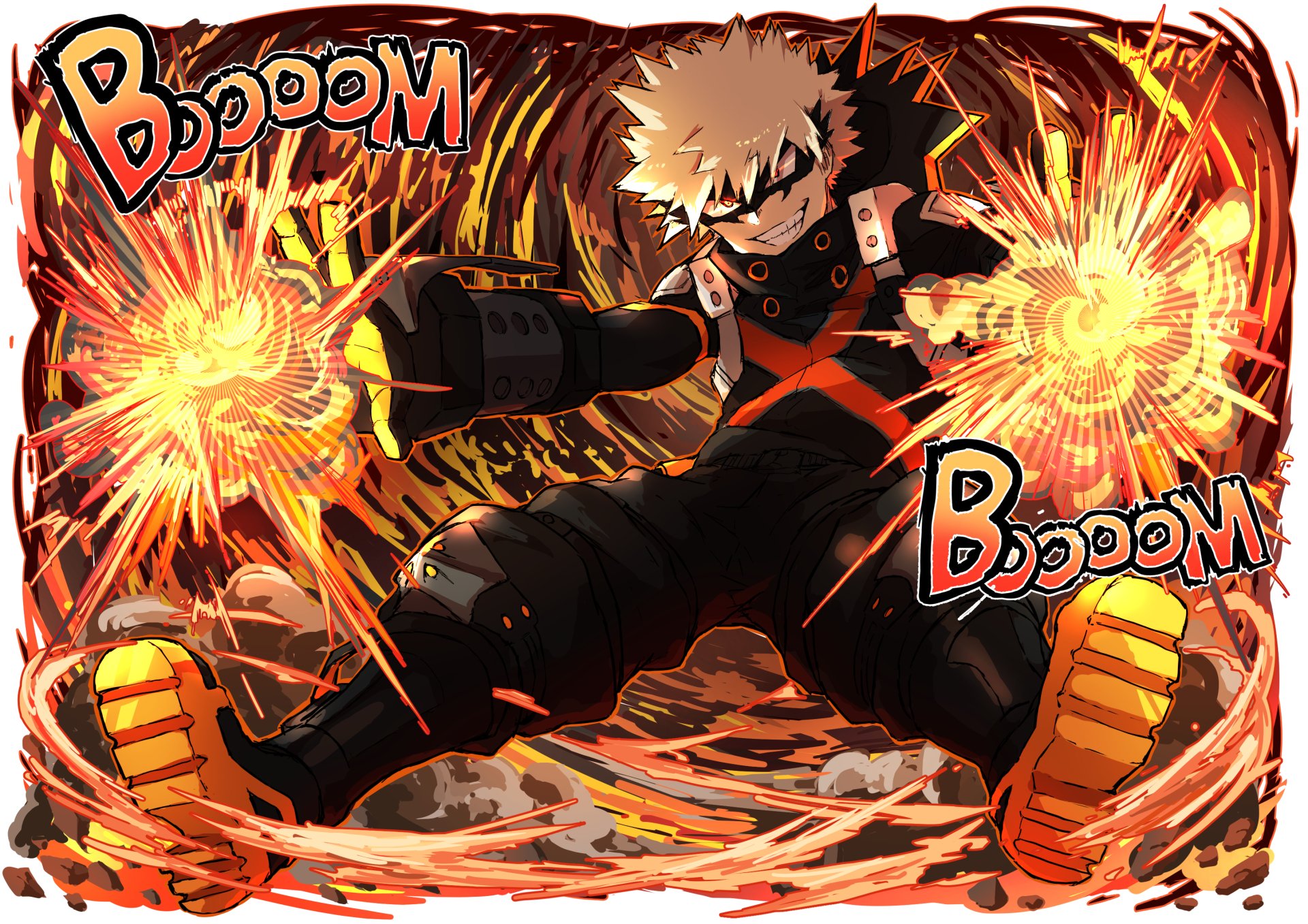 HD PC desktop wallpaper featuring Katsuki Bakugou from the anime My Hero Academia, depicted unleashing explosive power with fiery effects and dynamic action.
