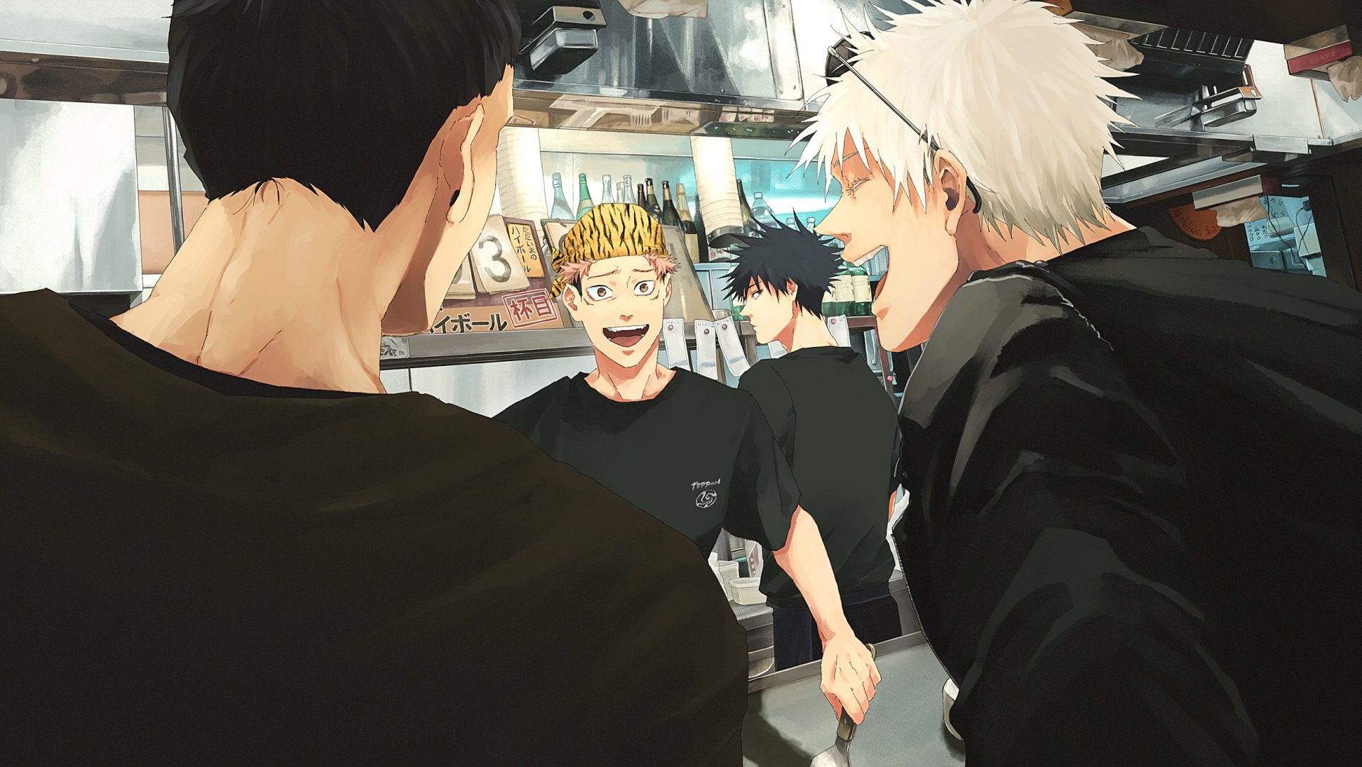 HD anime wallpaper featuring characters from Jujutsu Kaisen in a casual, lively scene inside a kitchen or café setting.