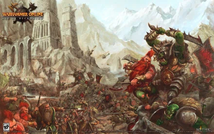 Dynamic scene from Warhammer Online: Age of Reckoning, showcasing a fierce clash between orcs and dwarves amidst a dramatic landscape, rich in detail and vibrant colors.