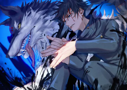 HD PC desktop wallpaper/background of Megumi Fushiguro from the anime Jujutsu Kaisen, summoning a snarling shikigami wolf amid blue-black energy.