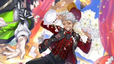 Kalim Al-Asim from the video game Twisted Wonderland smiles dynamically in this vibrant HD PC desktop wallpaper with colorful, festive background elements.