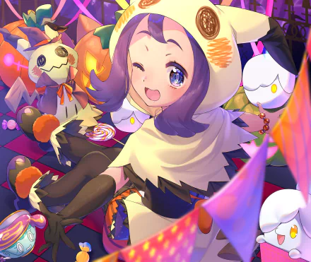 Acerola and Mimikyu from Pokémon: Sun and Moon featured in a vibrant 4K Ultra HD PC desktop wallpaper from the video game.