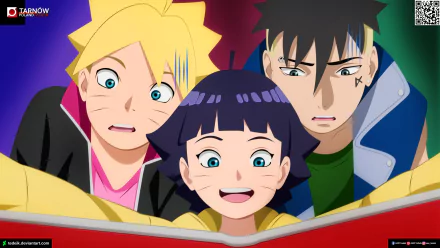 HD PC desktop wallpaper: anime Boruto scene featuring Boruto Uzumaki, Himawari Uzumaki and Kawaki (Boruto) smiling together against a colorful background.
