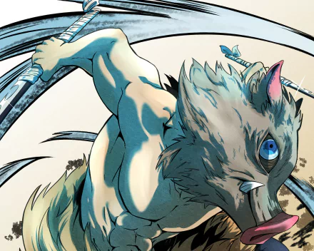 Inosuke Hashibira from Demon Slayer: Kimetsu no Yaiba, shirtless with a boar mask and twin swords mid-attack — HD anime PC desktop wallpaper and background.